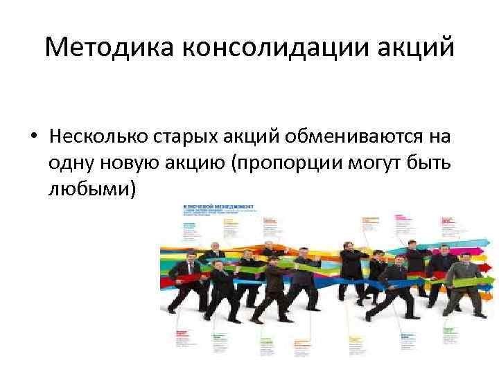 Методика консолидации акций • Несколько старых акций обмениваются на одну новую акцию (пропорции могут