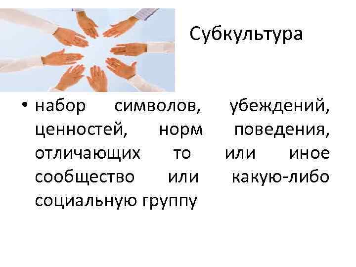 Субкультура • набор символов, ценностей, норм отличающих то сообщество или социальную группу убеждений, поведения,