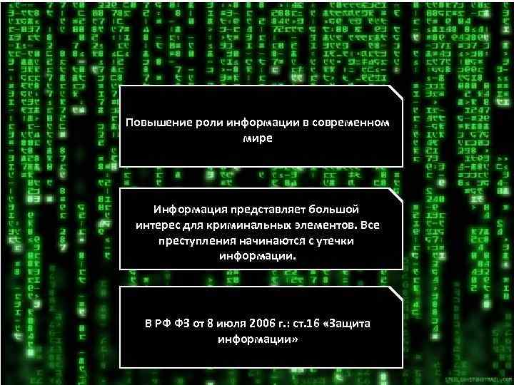 Повышение роли информации в современном мире Информация представляет большой интерес для криминальных элементов. Все