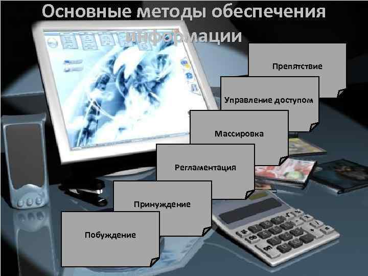 Основные методы обеспечения информации Препятствие Управление доступом Массировка Регламентация Принуждение Побуждение 