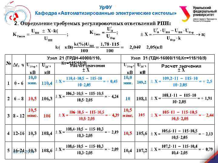 2. Определение требуемых регулировочных ответвлений РПН: Узел 21 (ТРДН-40000/110, Кт=115/10/5) Расчет значения № 10,