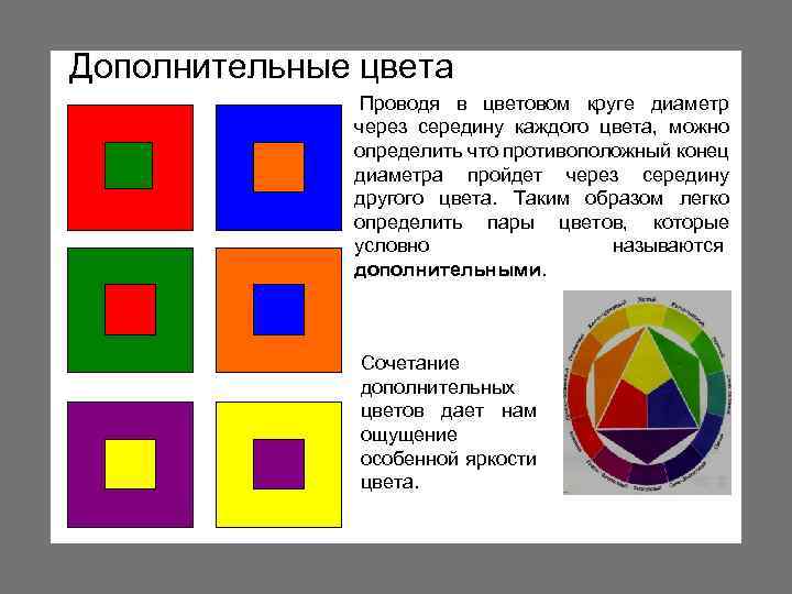 Дополнительные цвета Проводя в цветовом круге диаметр через середину каждого цвета, можно определить что