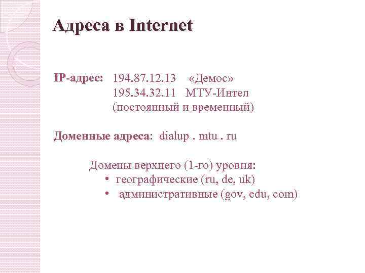 Адреса в Internet IP-адрес: 194. 87. 12. 13 «Демос» 195. 34. 32. 11 МТУ-Интел