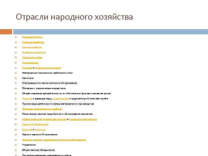 Отрасли народного хозяйства Промышленность Сельское хозяйство Лесное хозяйство Колбасное хозяйство Транспорт и связь Строительство