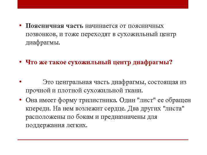  • Поясничная часть начинается от поясничных позвонков, и тоже переходят в сухожильный центр