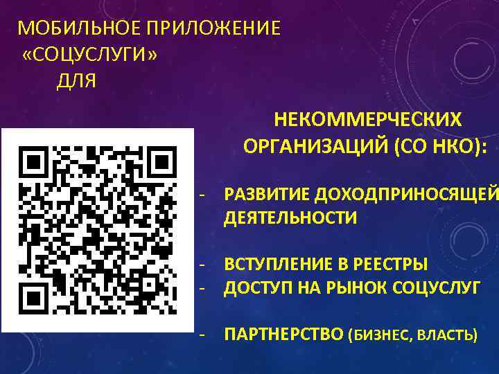 МОБИЛЬНОЕ ПРИЛОЖЕНИЕ «СОЦУСЛУГИ» ДЛЯ НЕКОММЕРЧЕСКИХ ОРГАНИЗАЦИЙ (СО НКО): - РАЗВИТИЕ ДОХОДПРИНОСЯЩЕЙ ДЕЯТЕЛЬНОСТИ - ВСТУПЛЕНИЕ