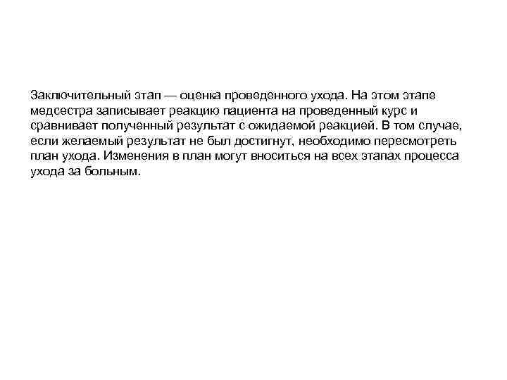 Заключительный этап — оценка проведенного ухода. На этом этапе медсестра записывает реакцию пациента на