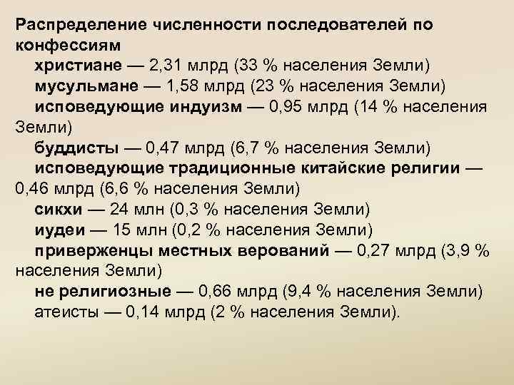 Распределение численности последователей по конфессиям христиане — 2, 31 млрд (33 % населения Земли)