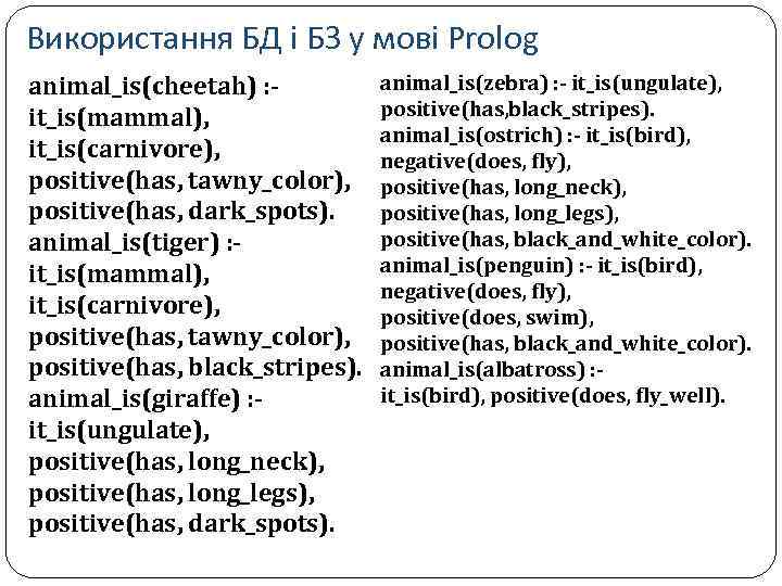 Використання БД і БЗ у мові Prolog animal_is(cheetah) : - it_is(mammal), it_is(carnivore), positive(has, tawny_color),