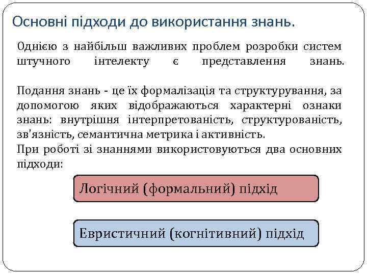 Основні підходи до використання знань. Однією з найбільш важливих проблем розробки систем штучного інтелекту