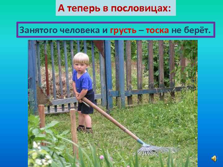 А теперь в пословицах: Занятого человека и грусть – тоска не берёт. 