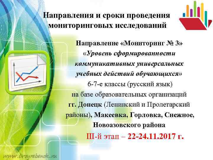 Направления и сроки проведения мониторинговых исследований Направление «Мониторинг № 3» «Уровень сформированности коммуникативных универсальных