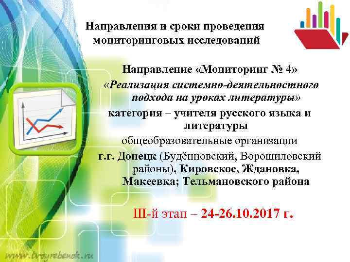 Направления и сроки проведения мониторинговых исследований Направление «Мониторинг № 4» «Реализация системно-деятельностного подхода на