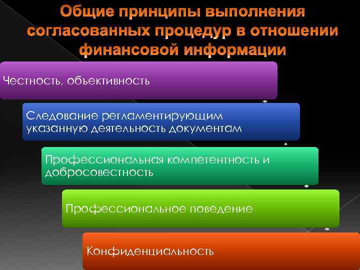 Честность, объективность Следование регламентирующим указанную деятельность документам Профессиональная компетентность и добросовестность Профессиональное поведение Конфиденциальность