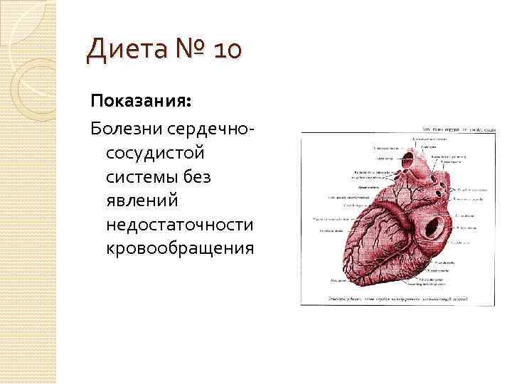 Диета № 10 Показания: Болезни сердечнососудистой системы без явлений недостаточности кровообращения 