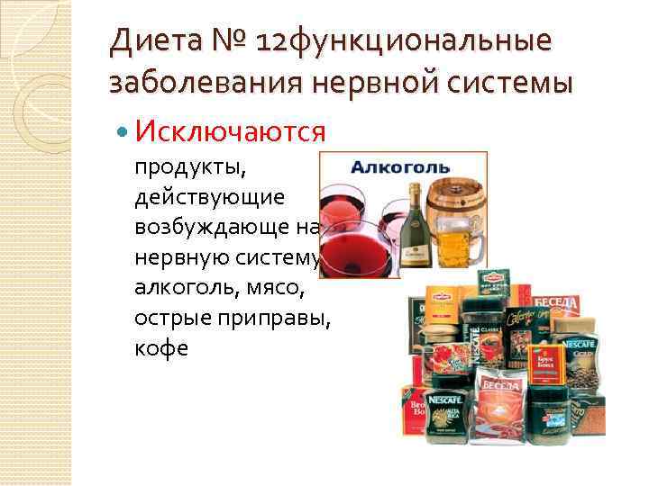 Диета № 12 функциональные заболевания нервной системы Исключаются продукты, действующие возбуждающе на нервную систему: