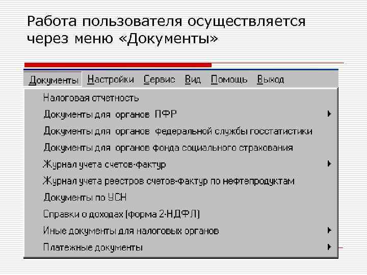 Работа пользователя осуществляется через меню «Документы» 
