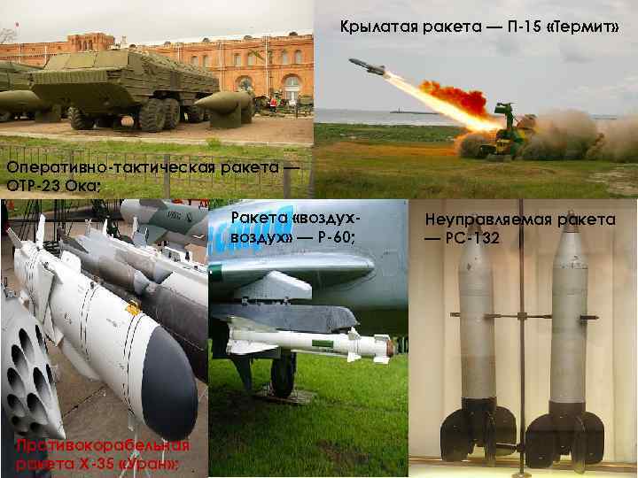 Крылатая ракета — П-15 «Термит» Оперативно-тактическая ракета — ОТР-23 Ока; Ракета «воздух» — Р-60;