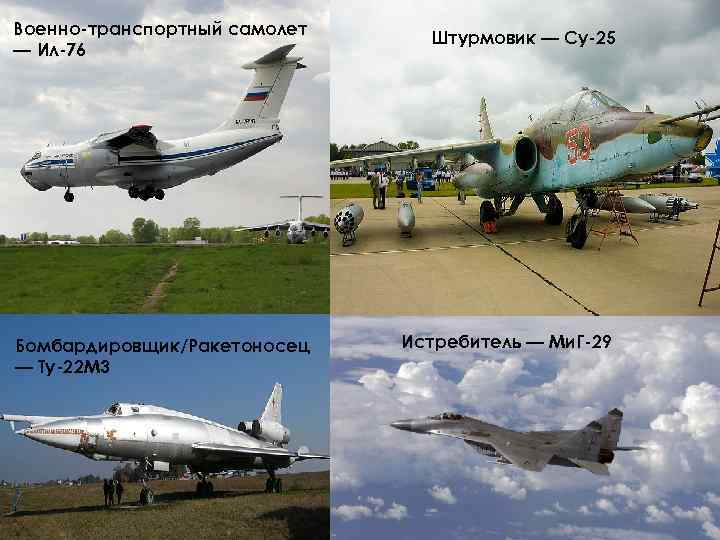 Военно-транспортный самолет — Ил-76 Бомбардировщик/Ракетоносец — Ту-22 М 3 Штурмовик — Су-25 Истребитель —
