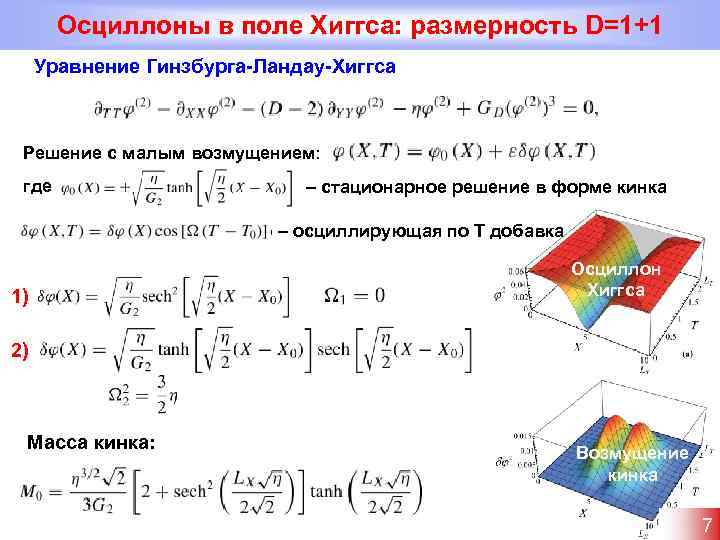 Осциллоны в поле Хиггса: размерность D=1+1 Уравнение Гинзбурга-Ландау-Хиггса Решение с малым возмущением: где –