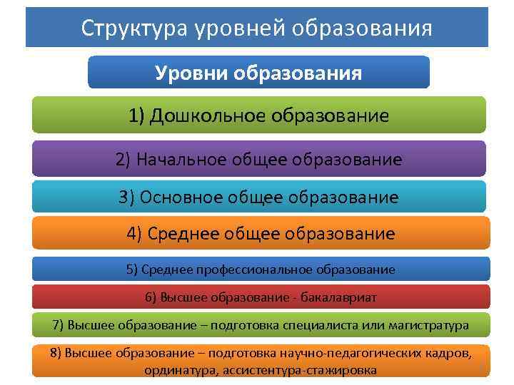 Структура уровней образования Уровни образования 1) Дошкольное образование 2) Начальное общее образование 3) Основное