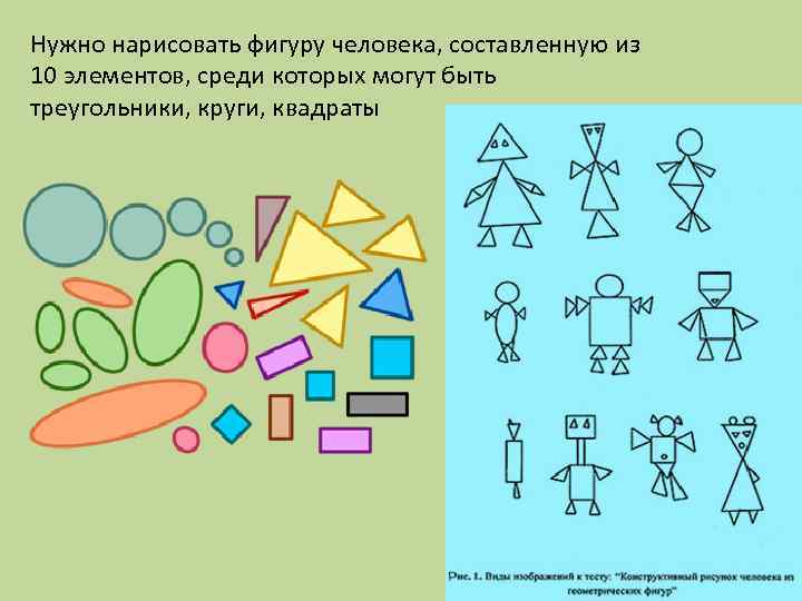 Нужно нарисовать фигуру человека, составленную из 10 элементов, среди которых могут быть треугольники, круги,