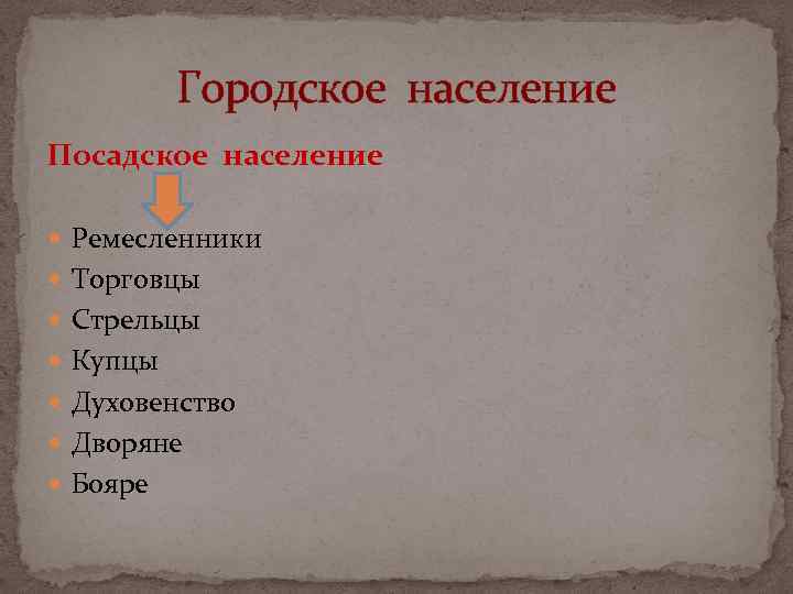 Городское население Посадское население Ремесленники Торговцы Стрельцы Купцы Духовенство Дворяне Бояре 