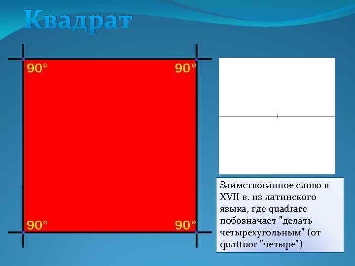 Квадрат Заимствованное слово в XVII в. из латинского языка, где quadrare побозначает 