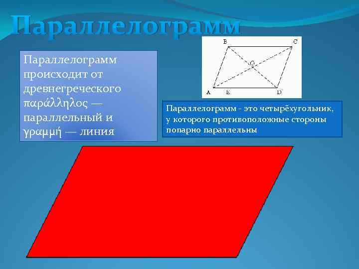 Параллелограмм происходит от древнегреческого παράλληλος — параллельный и γραμμή — линия Параллелограмм - это