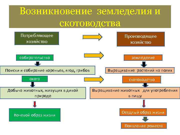 Возникновение земледелия и скотоводства Потребляющее хозяйство собирательство Поиски и собирание кореньев, ягод, грибов охота