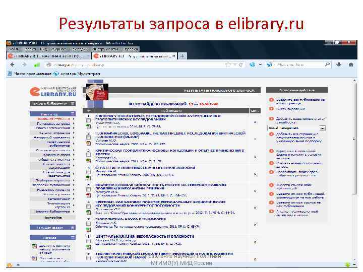 Результаты запроса в elibrary. ru Управление научной политики МГИМО(У) МИД России 