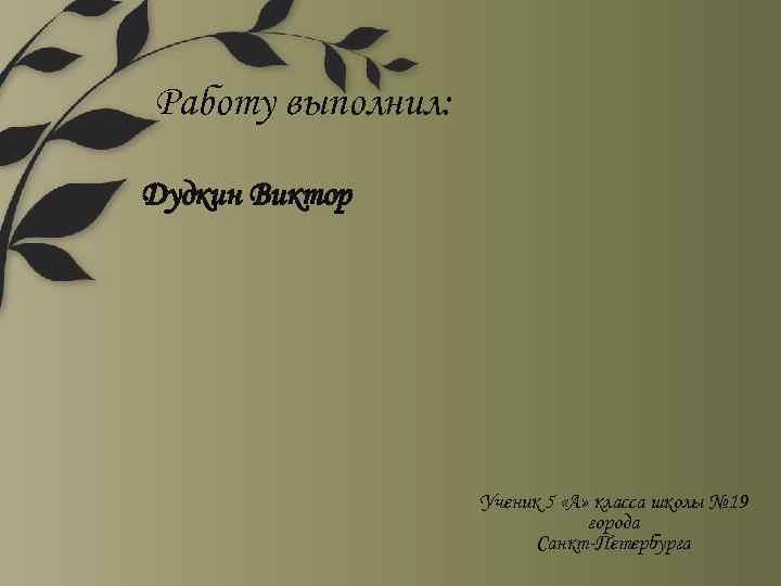 Работу выполнил: Дудкин Виктор Ученик 5 «А» класса школы № 19 города Санкт-Петербурга 