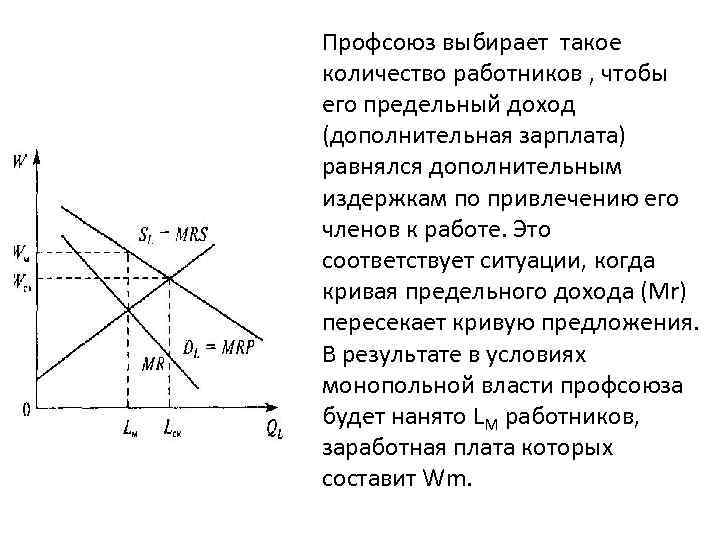 Профсоюз выбирает такое количество работников , чтобы его предельный доход (дополнительная зарплата) равнялся дополнительным