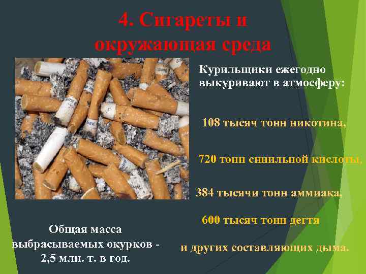 4. Сигареты и окружающая среда Курильщики ежегодно выкуривают в атмосферу: 108 тысяч тонн никотина,