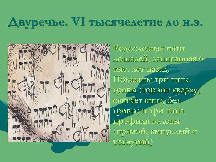 Двуречье. VI тысячелетие до н. э. Родословная пяти лошадей, записанная 6 тыс. лет назад.