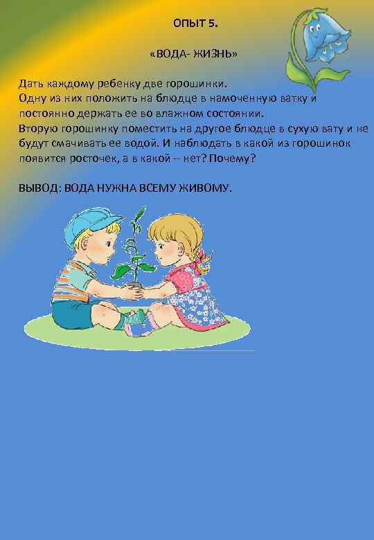 ОПЫТ 5. «ВОДА- ЖИЗНЬ» Дать каждому ребенку две горошинки. Одну из них положить на