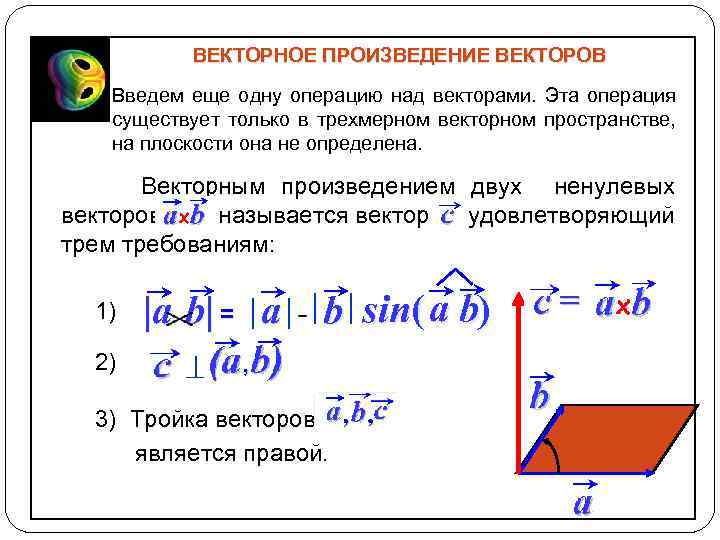 ВЕКТОРНОЕ ПРОИЗВЕДЕНИЕ ВЕКТОРОВ Введем еще одну операцию над векторами. Эта операция существует только в