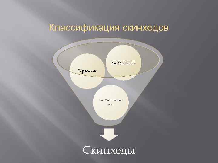 Классификация скинхедов коричневые Красные аполитичн ые Скинхеды 