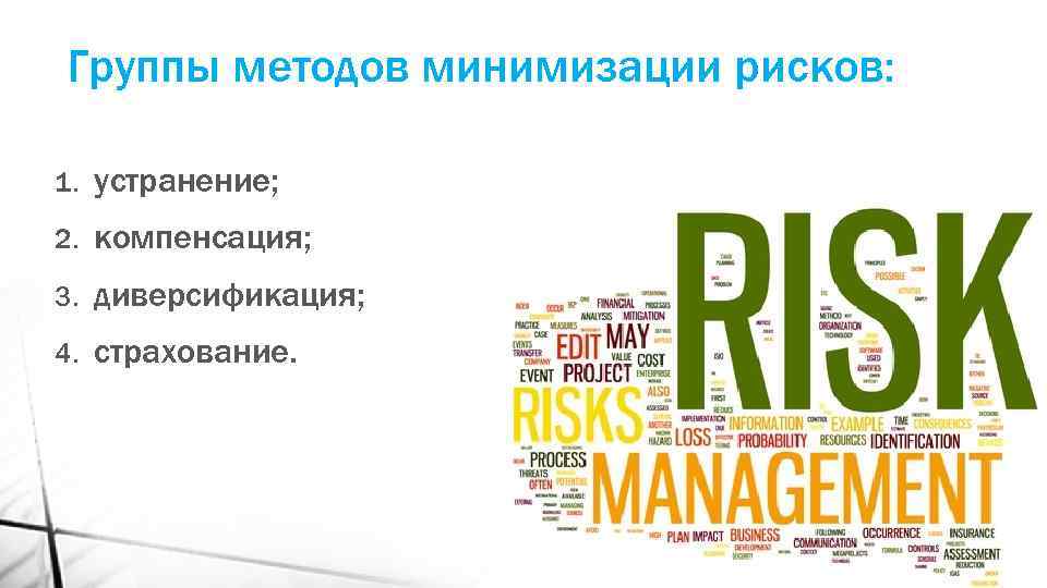 М маркетинг. Маркетинговый риск метод минимизации. Устранение; 2. компенсация; 3. диверсификация; 4. страхование..