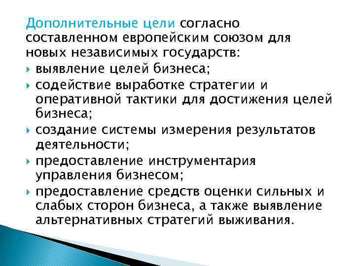 Дополнительные цели согласно составленном европейским союзом для новых независимых государств: выявление целей бизнеса; содействие