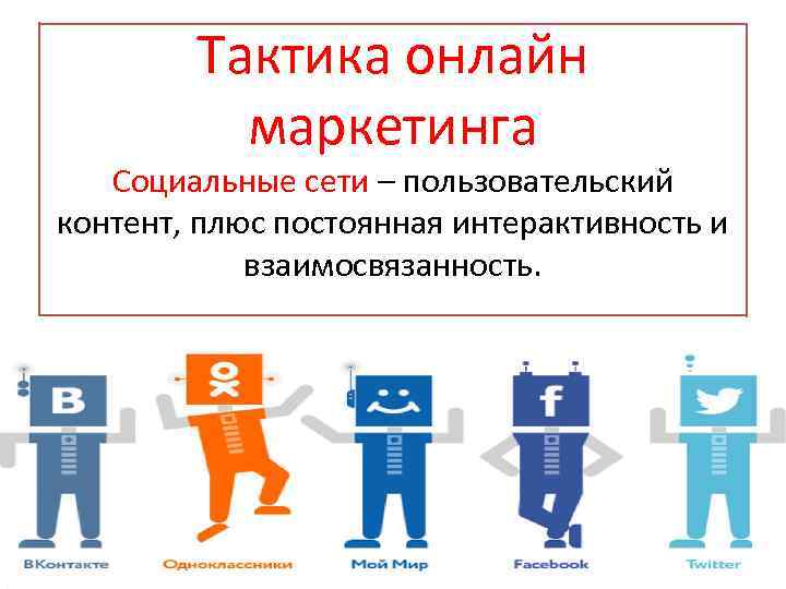 Тактика онлайн маркетинга Социальные сети – пользовательский контент, плюс постоянная интерактивность и взаимосвязанность. 