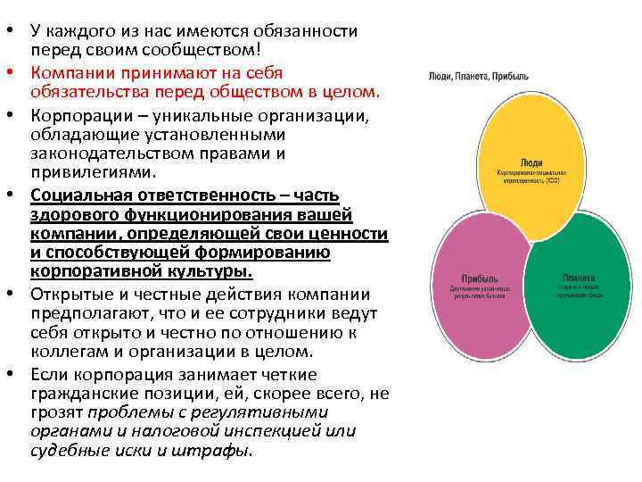  • У каждого из нас имеются обязанности перед своим сообществом! • Компании принимают