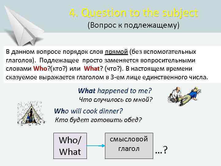 4. Question to the subject (Вопрос к подлежащему) В данном вопросе порядок слов прямой