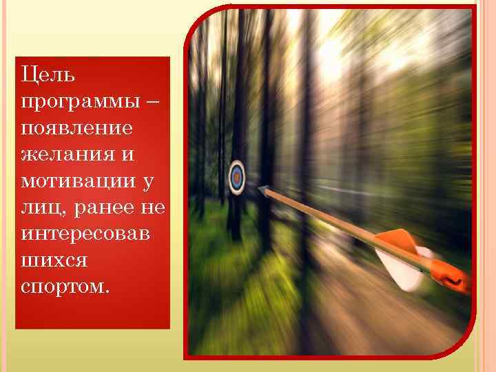Цель программы – появление желания и мотивации у лиц, ранее не интересовав шихся спортом.