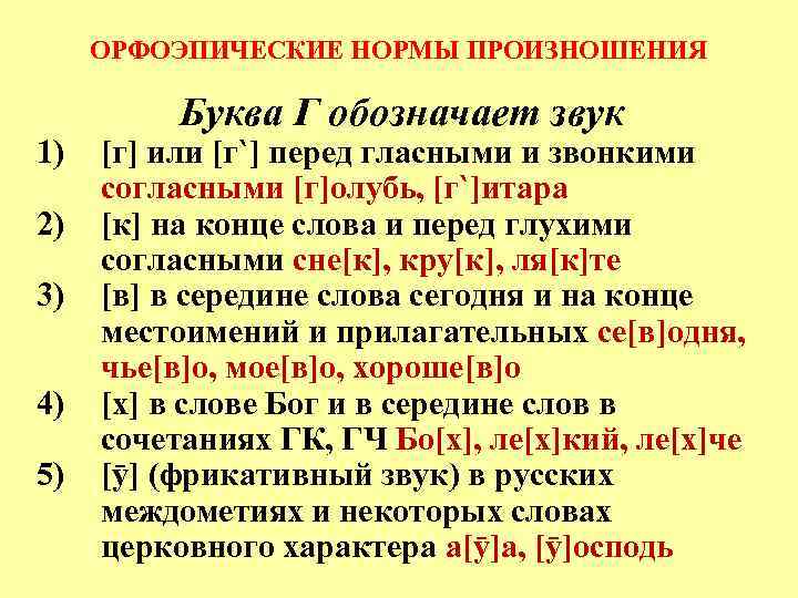 ОРФОЭПИЧЕСКИЕ НОРМЫ ПРОИЗНОШЕНИЯ 1) 2) 3) 4) 5) Буква Г обозначает звук [г] или
