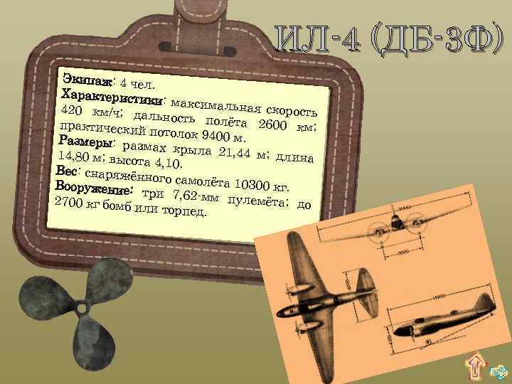 ИЛ-4 (ДБ-3 Ф) Экипаж: 4 чел. Характеристик и: максимальн ая скорость 420 км/ч; да