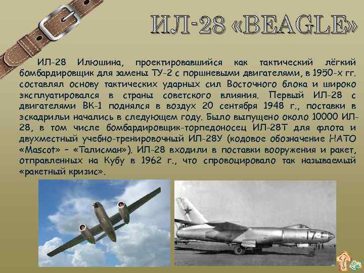 ИЛ-28 «BEAGLE» ИЛ-28 Илюшина, проектировавшийся как тактический лёгкий бомбардировщик для замены ТУ-2 с поршневыми