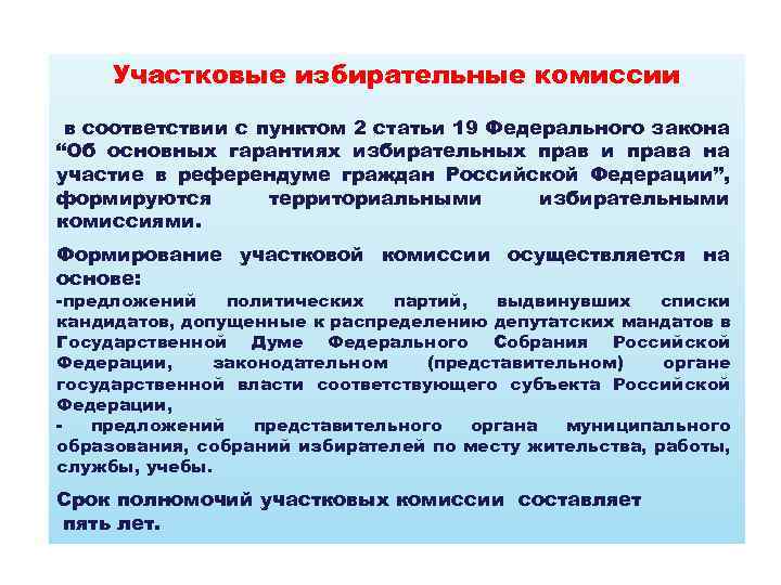 Участковые избирательные комиссии в соответствии с пунктом 2 статьи 19 Федерального закона “Об основных