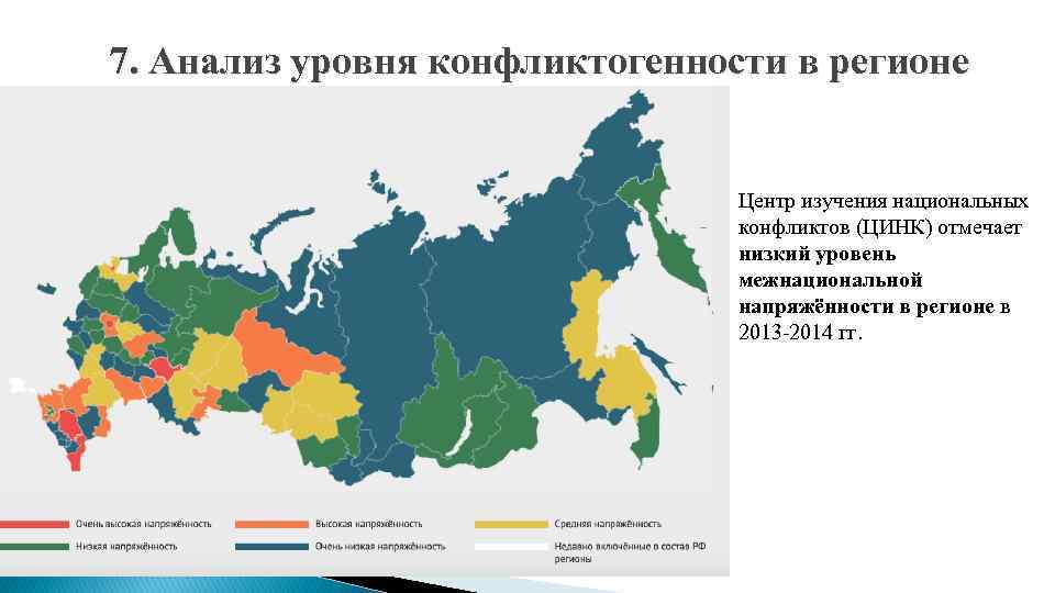 7. Анализ уровня конфликтогенности в регионе Центр изучения национальных конфликтов (ЦИНК) отмечает низкий уровень