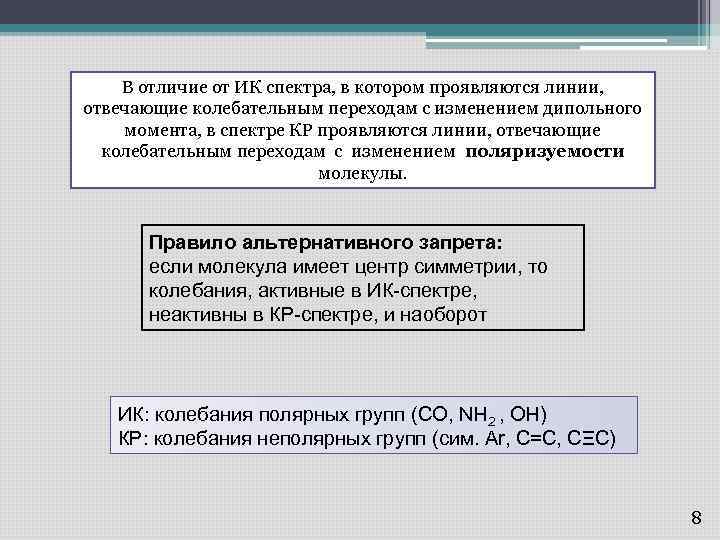 В отличие от ИК спектра, в котором проявляются линии, отвечающие колебательным переходам с изменением